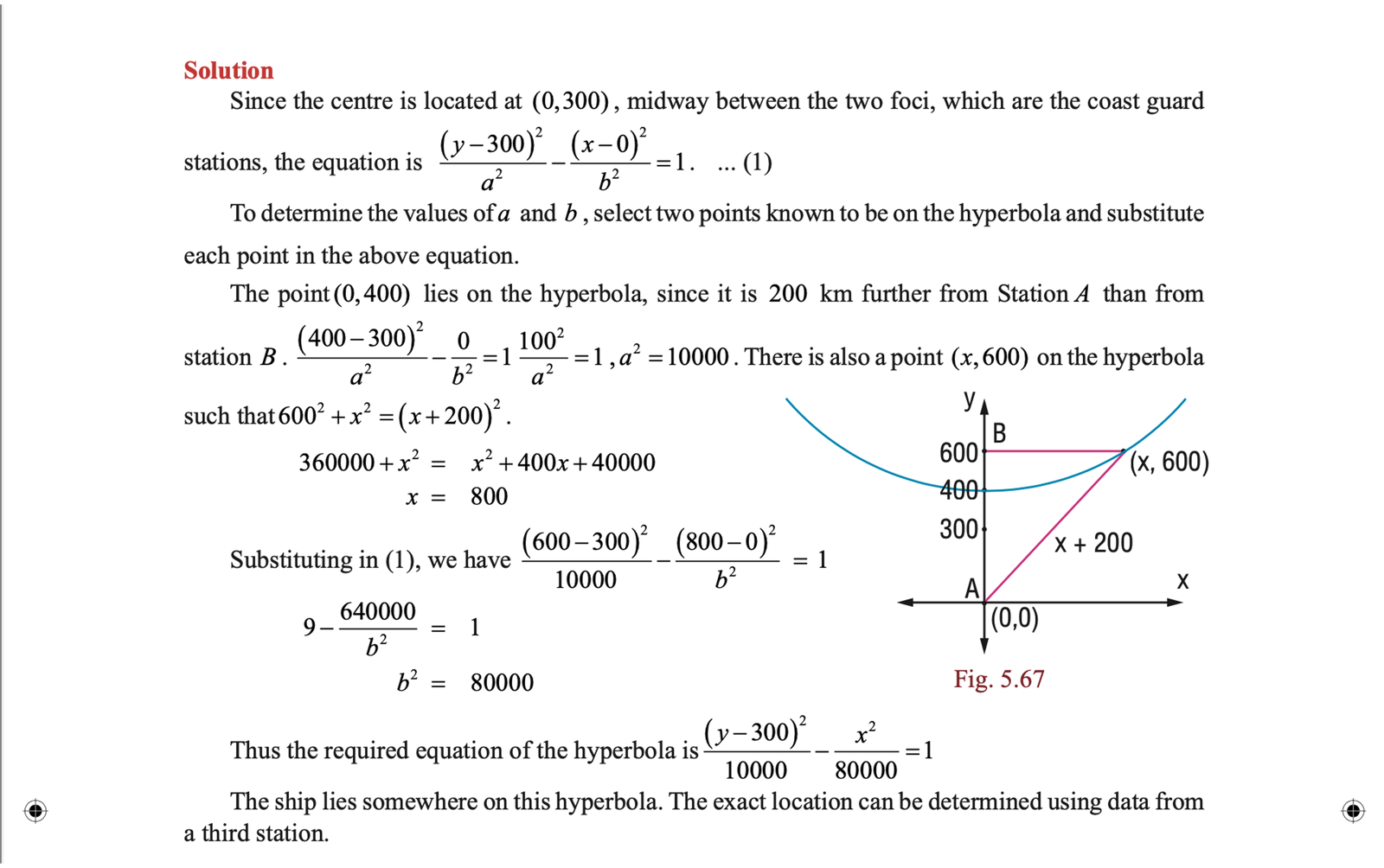 Static textbook page showing the worked solution of a hyperbola problem