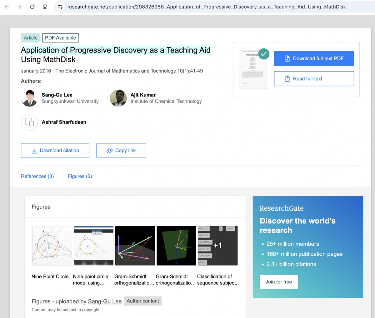 The paper's page on ResearchGate: Application of Progressive Discovery as a Teaching Aid Using MathDisk