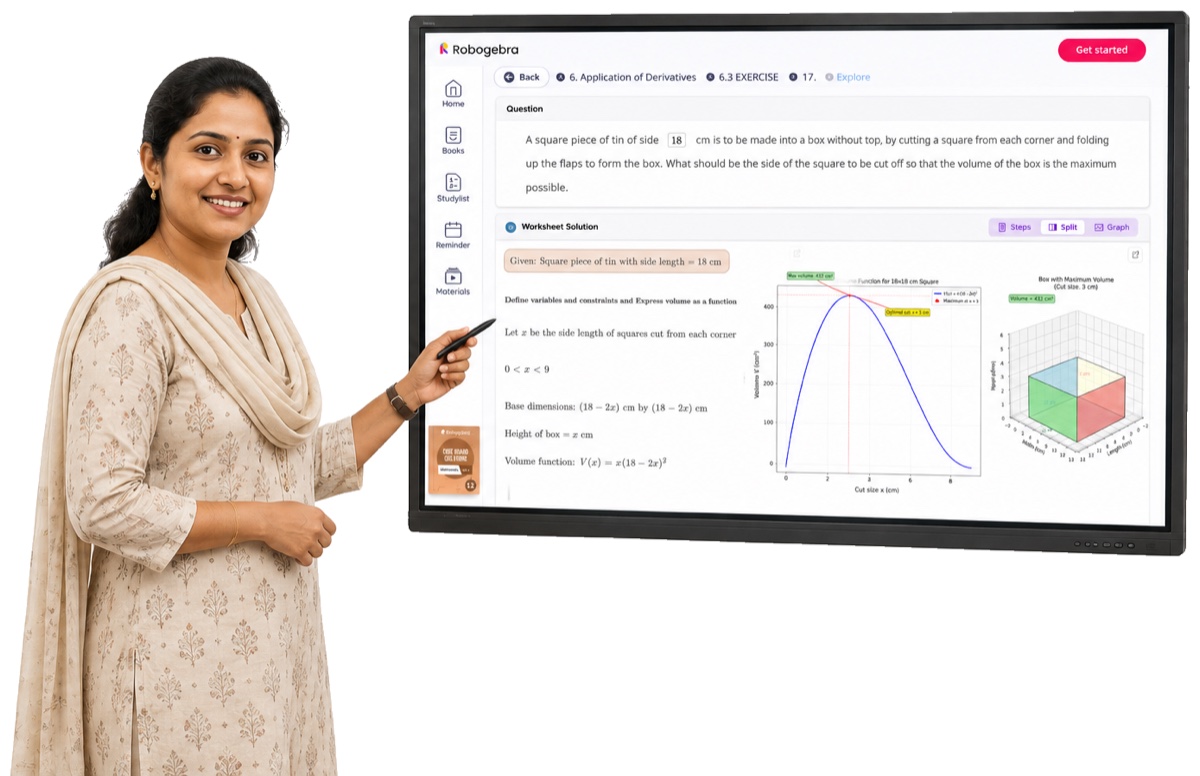 A teacher pointing at a classroom smart board showing a Robogebra worksheet solution, with the working, graph and 3D model side by side