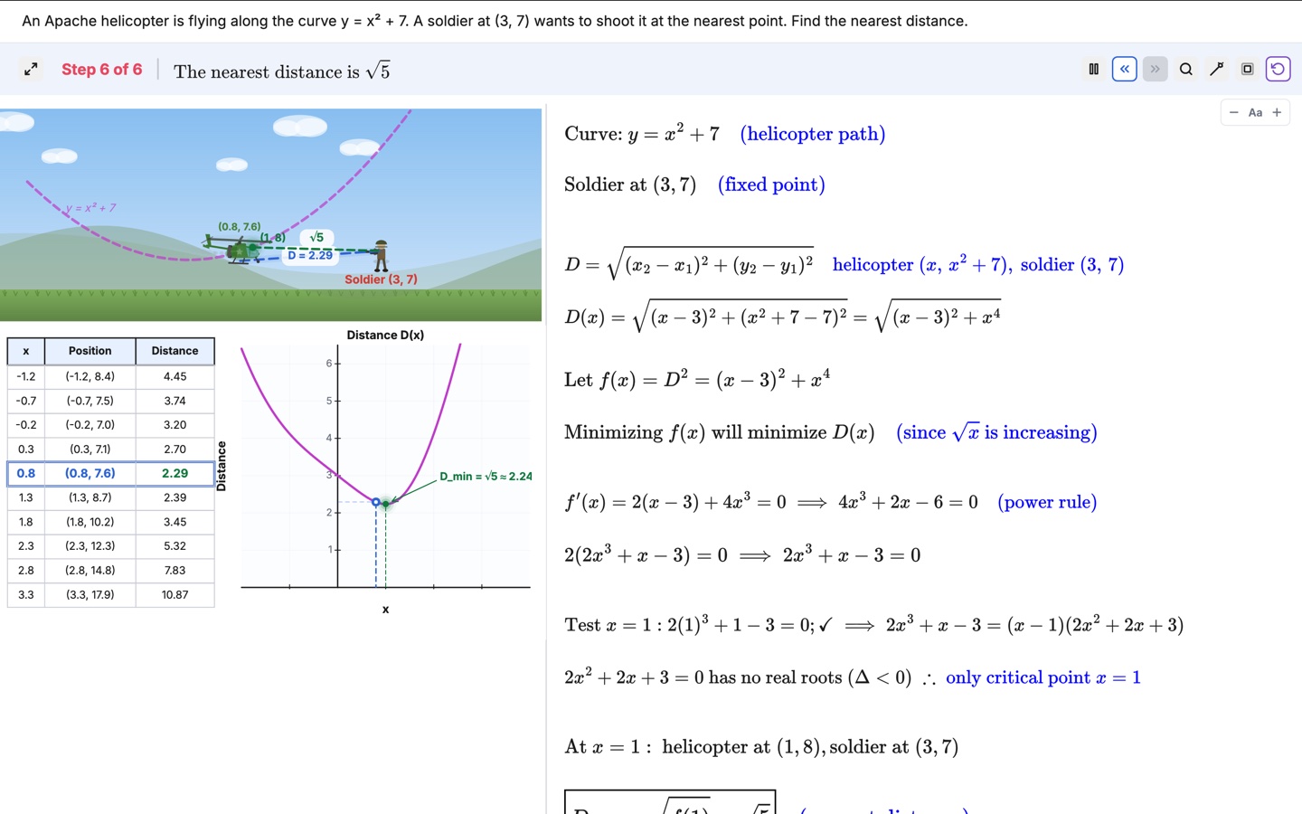 Worksheet on minimum distance: a helicopter flying along the curve y = x squared plus 7, with the distance function, its derivative and the nearest distance worked out