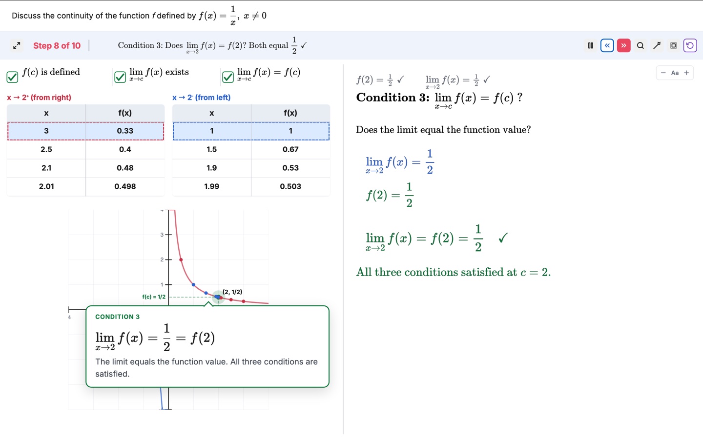 Worksheet on continuity: left and right hand limit tables for f of x equals one over x, its graph, and the three continuity conditions checked at x equals 2