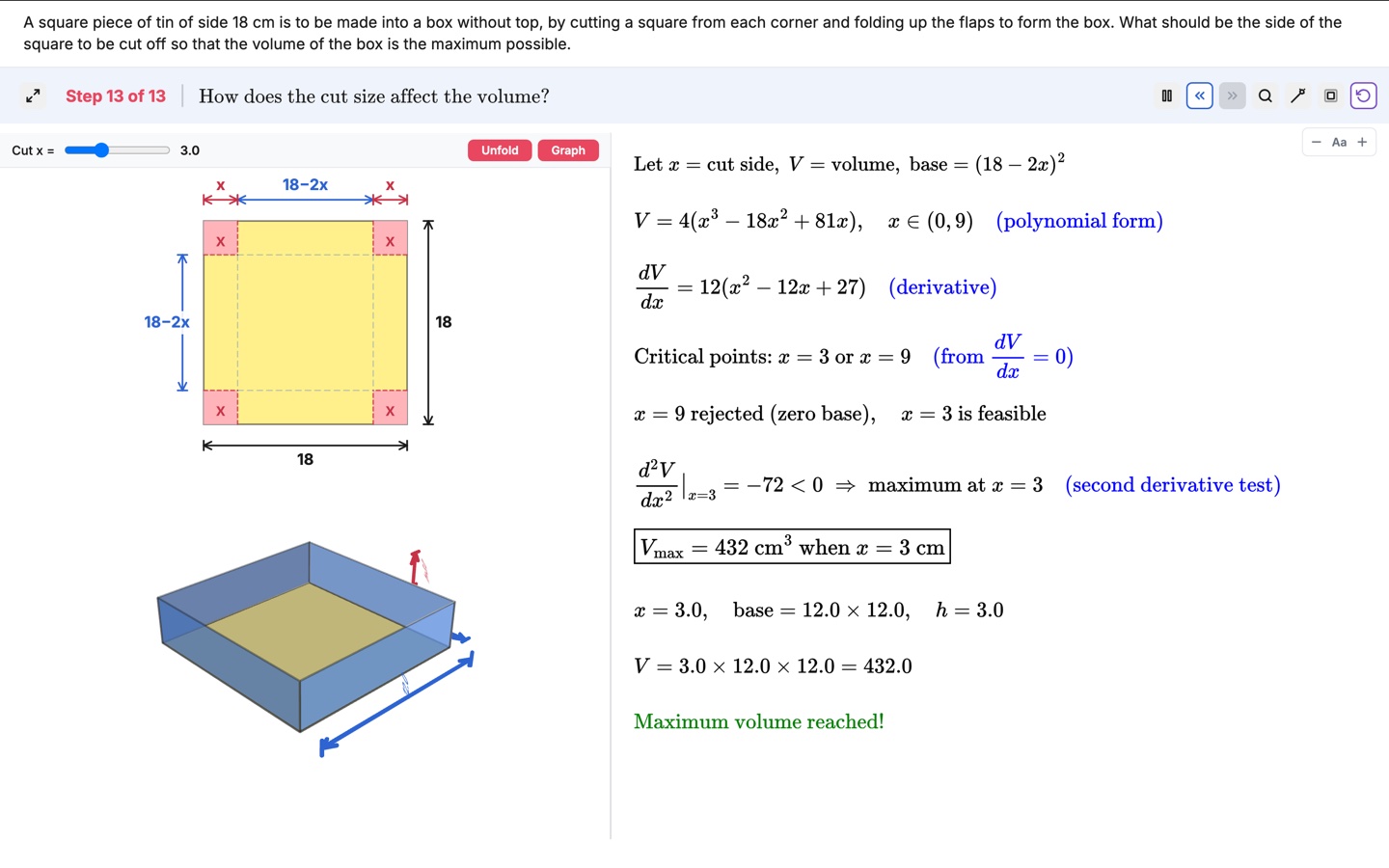 Worksheet on maximum volume: a square tin sheet with corner cuts folded into an open box, a slider for the cut size, and the second derivative test giving the maximum volume