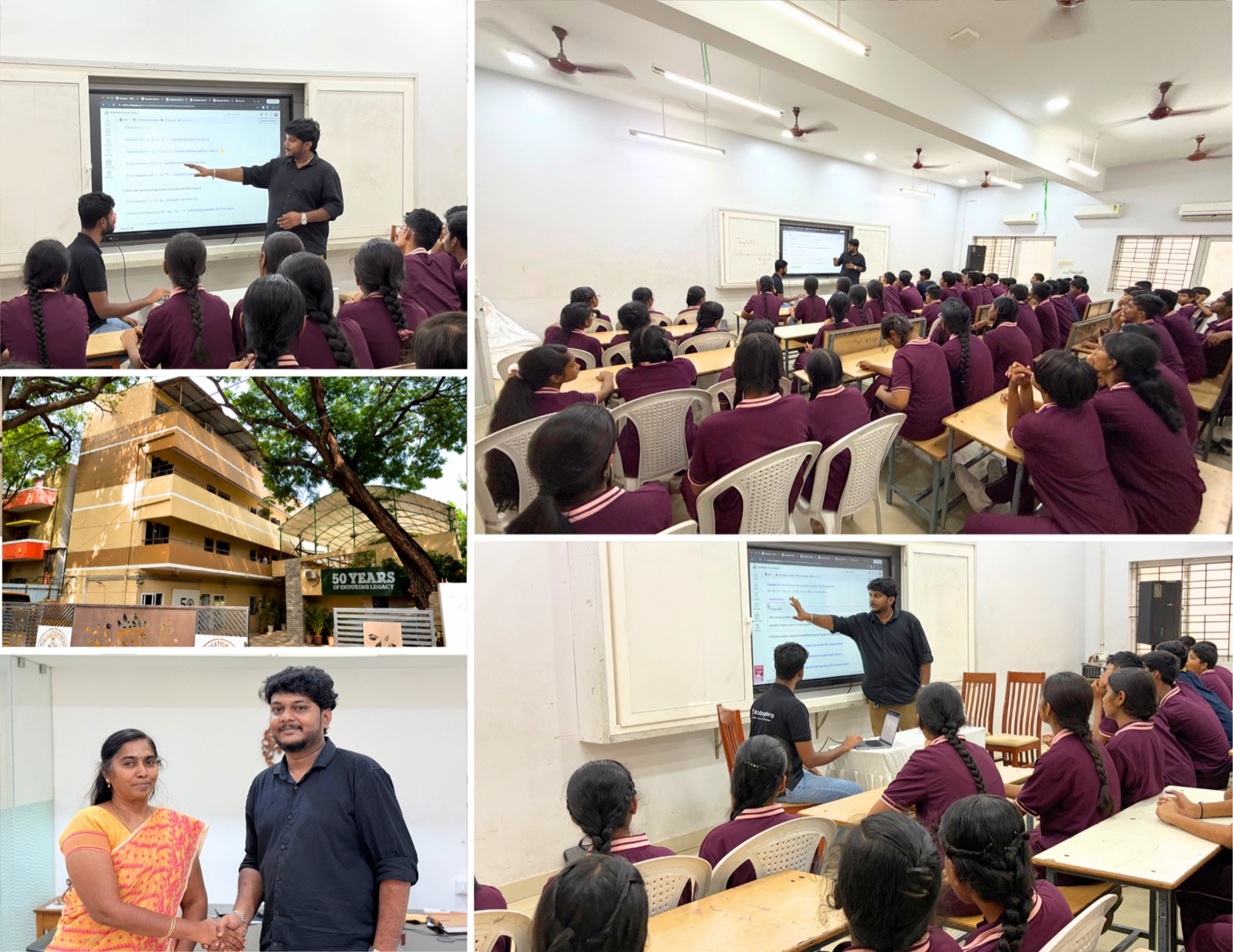 Photos from a school workshop: a RoboGebra trainer teaching complex numbers on a classroom smart board, a full hall of students following along, the school campus, and the trainer with a teacher after the session