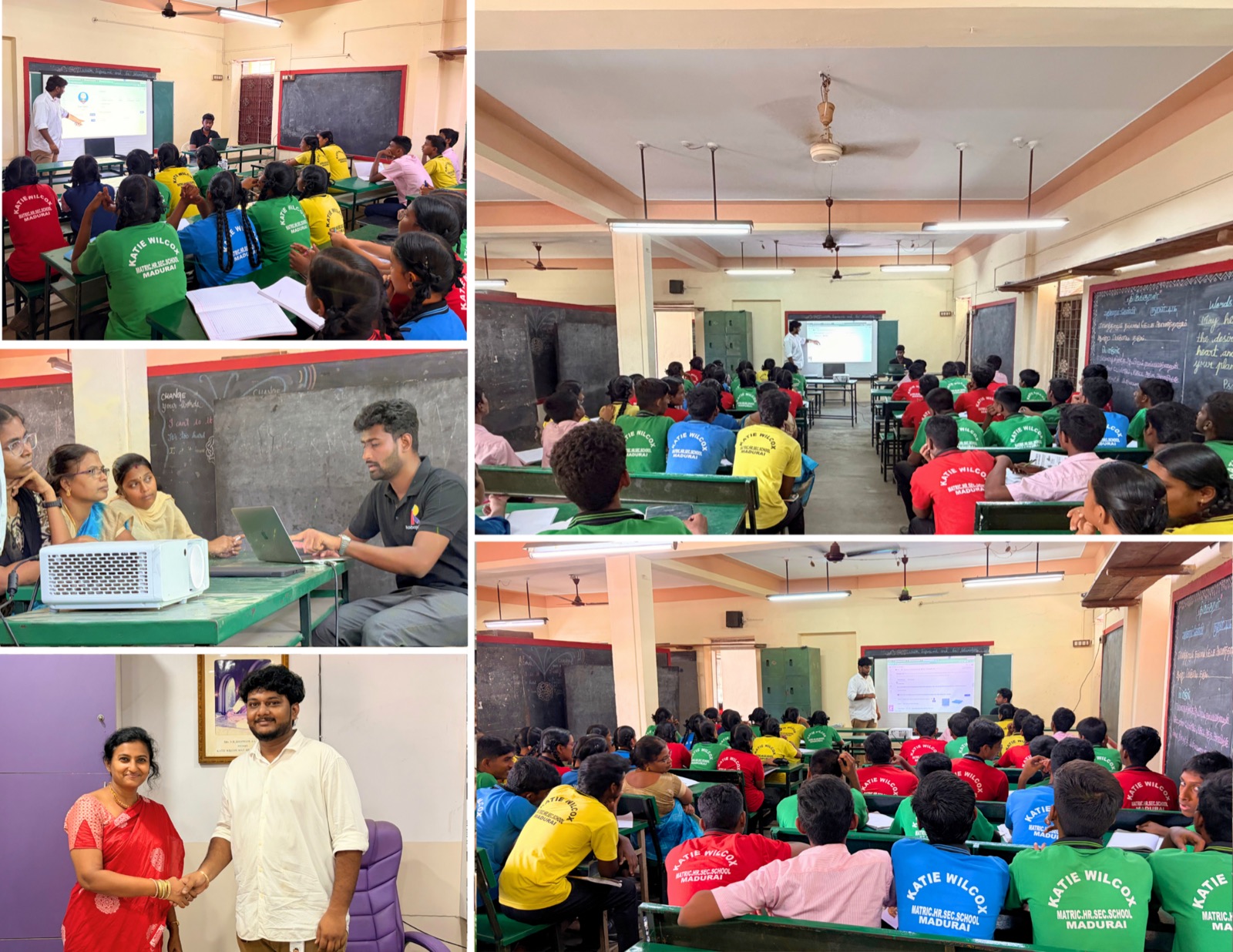 Photos from a school workshop in Madurai: a packed classroom of students in coloured school t-shirts following a RoboGebra lesson projected on the board, a trainer demonstrating the platform to teachers on a laptop, and the trainer with a teacher after the session
