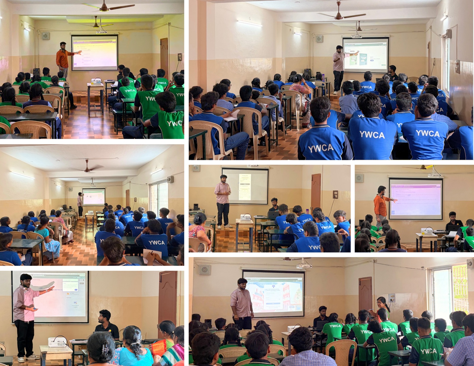 Photos from a workshop at a YWCA school: a Robogebra trainer presenting the platform on a projector screen to a classroom of students in YWCA sports uniforms, teachers seated among them, and a second trainer running the laptop at the front